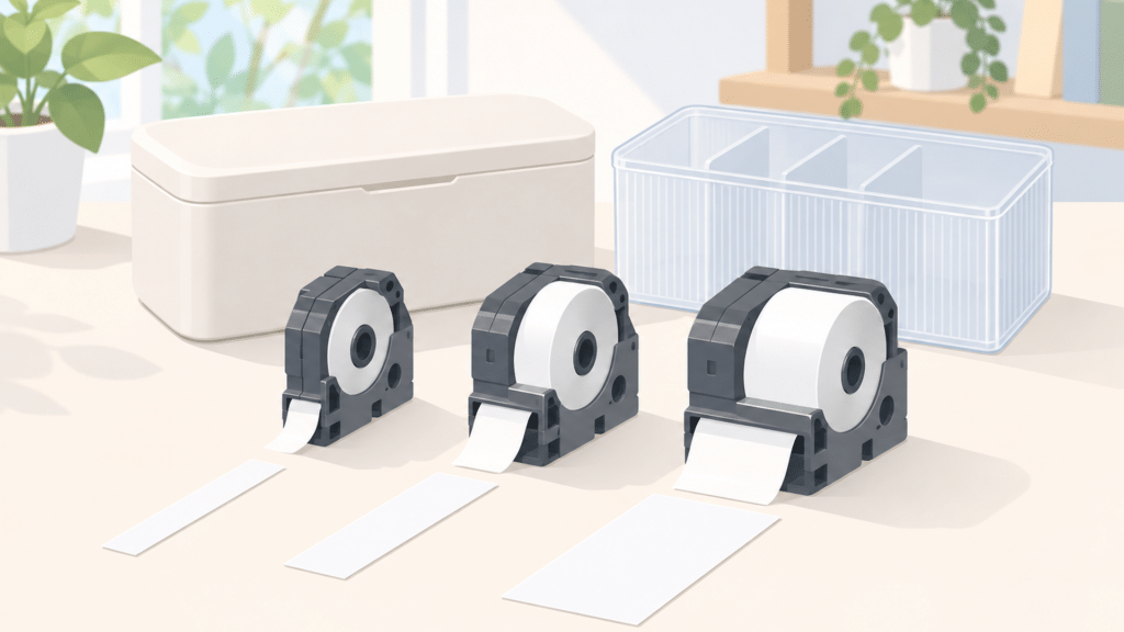 テプラPRO用の異なる幅のラベルカートリッジ3種類を並べたイメージイラスト