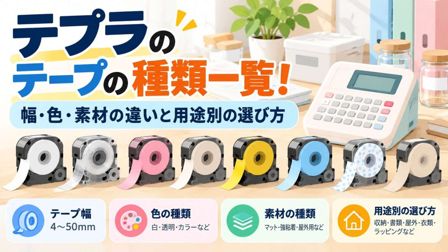 テプラのテープの種類を比較するイラスト。幅・色・素材・用途別の選び方を紹介